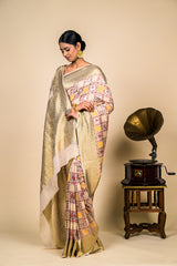 Cream  Banarasi Woven Zari Saree With Unstitched Blouse