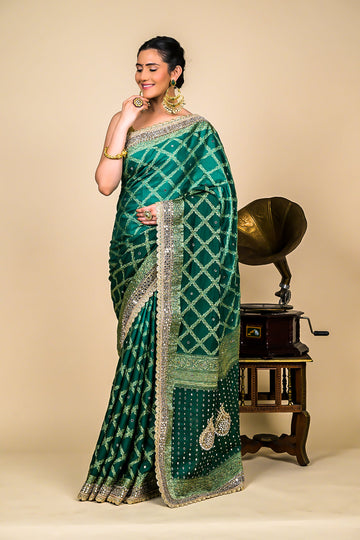 Bottle Green Satin Swarovski Saree With Unstitched Blouse