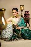 Bottle Green Satin Swarovski Saree With Unstitched Blouse