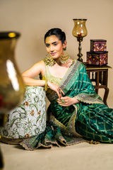 Bottle Green Satin Swarovski Saree With Unstitched Blouse