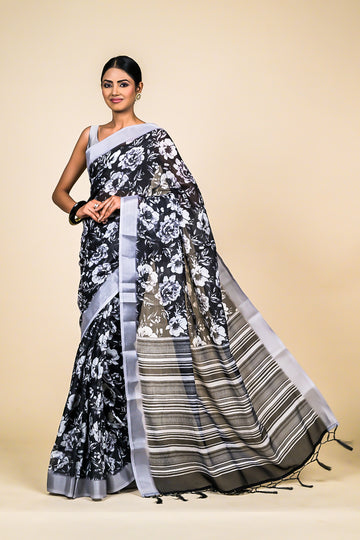 Black Cotton Floral Print Saree With Unstitched Blouse