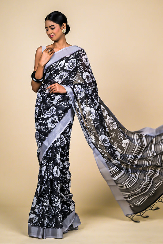 Black Cotton Floral Print Saree With Unstitched Blouse