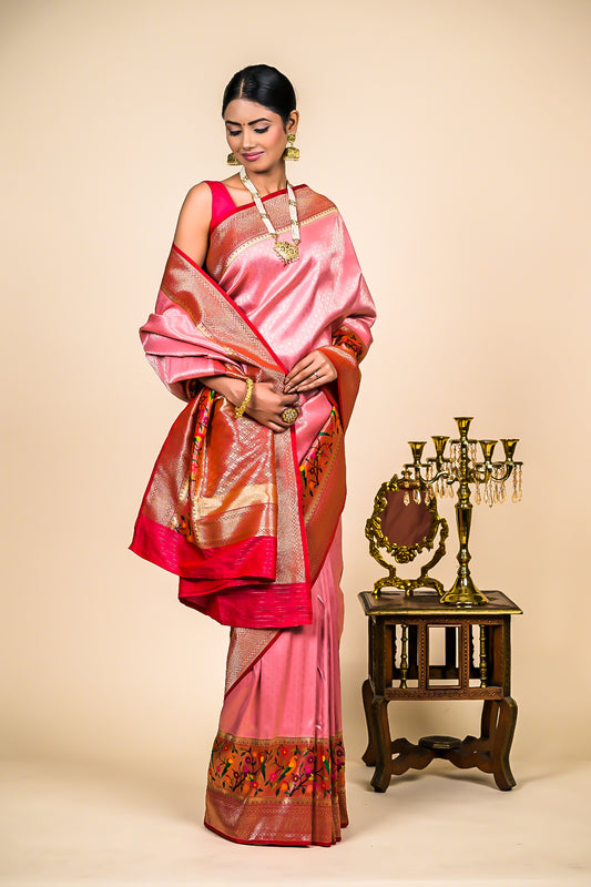 Gajari Banarasi Woven Zari Silk Saree With Unstitched Blouse