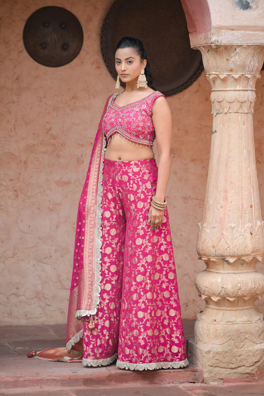 Rani Georgette Short Top Sharara Set With Khaddi Georgette Dupatta