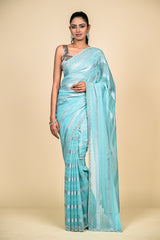 Sky Blue Georgette Swarovski Embroidered Saree With Unstitched Blouse