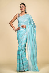 Sky Blue Georgette Swarovski Embroidered Saree With Unstitched Blouse