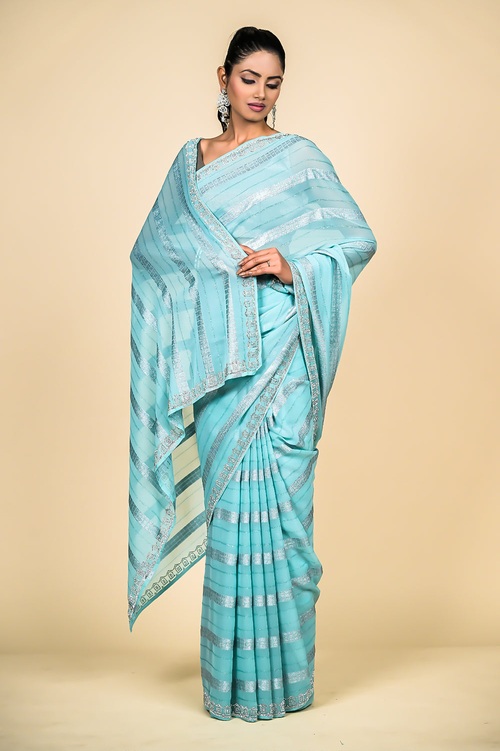 Sky Blue Georgette Swarovski Embroidered Saree With Unstitched Blouse