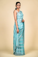 Sky Blue Georgette Swarovski Embroidered Saree With Unstitched Blouse