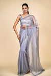 Grey Organza Swarovski Embroidered Saree With Unstitched Blouse