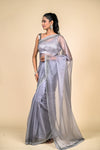 Grey Organza Swarovski Embroidered Saree With Unstitched Blouse