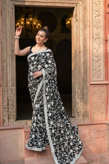 Black Georgette Embroidered Sequence Saree With Unstitched Blouse