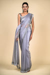 Grey Organza Swarovski Embroidered Saree With Unstitched Blouse