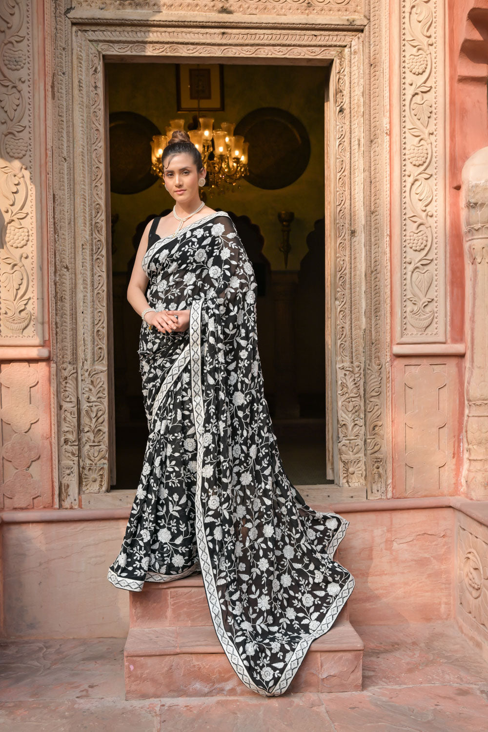 Black Georgette Embroidered Sequence Saree With Unstitched Blouse