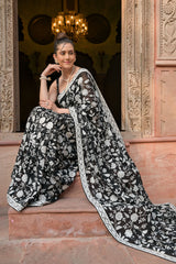 Black Georgette Embroidered Sequence Saree With Unstitched Blouse