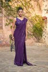 Wine Georgette Embroidered Saree With Readymade Blouse
