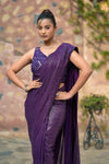 Wine Georgette Embroidered Saree With Readymade Blouse