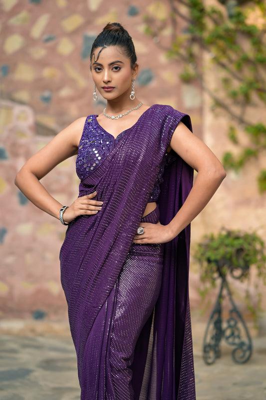 Wine Georgette Embroidered Saree With Readymade Blouse