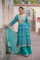 Firozi Georgette Readymade Sharara Set With Organza Dupatta