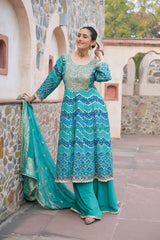 Firozi Georgette Readymade Sharara Set With Organza Dupatta