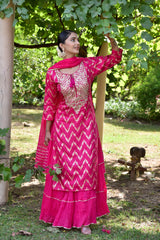 Cotton Floor Length Readymade Suit With Silk Dupatta