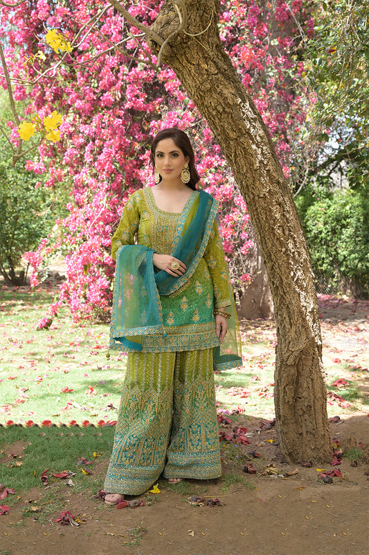 Pista Georgette Readymade Sharara Set With Net Dupatta