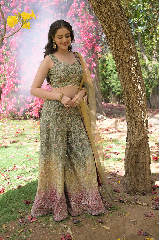 Mehndi Georgette Short Top Sharara Set With Net Dupatta