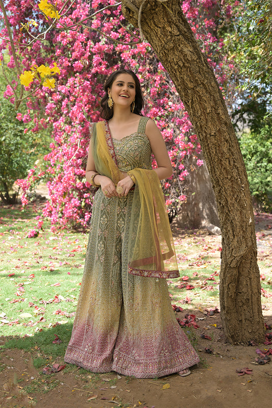 Mehndi Georgette Short Top Sharara Set With Net Dupatta