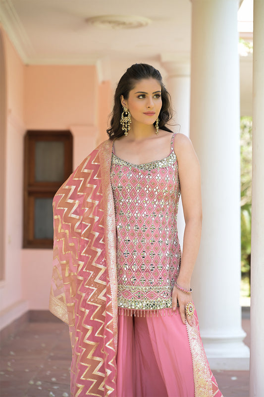 Gajari Net Readymade Sharara Set With Organza Dupatta