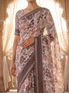 Off White Cotton Floral Printed Saree With Unstitched Blouse