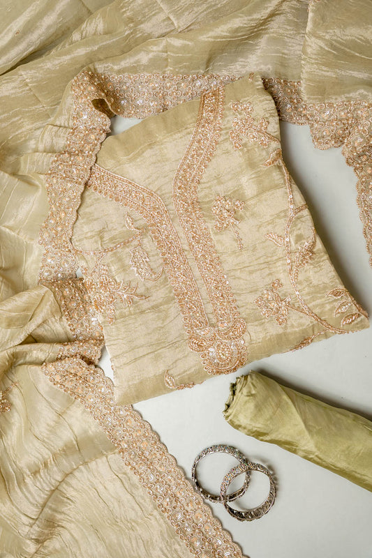 Soft Heritage Pista Crush Tissue Unstitched Salwar Suit With Tissue Dupatta