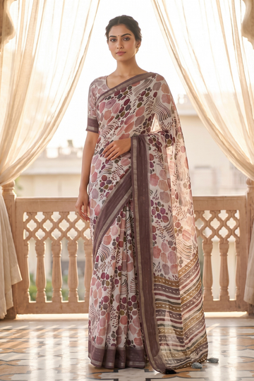 Off White Cotton Floral Printed Saree With Unstitched Blouse