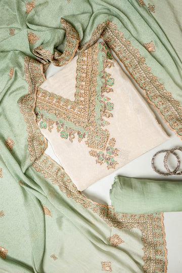 Timeless Beauty Tussar Pista Crepe Unstitched Salwar Suit With Crepe Dupatta