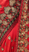 Red Georgette Embroidered Saree With Unstitched Blouse