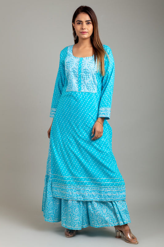 Firozi Cotton Long Kurta With Sharara