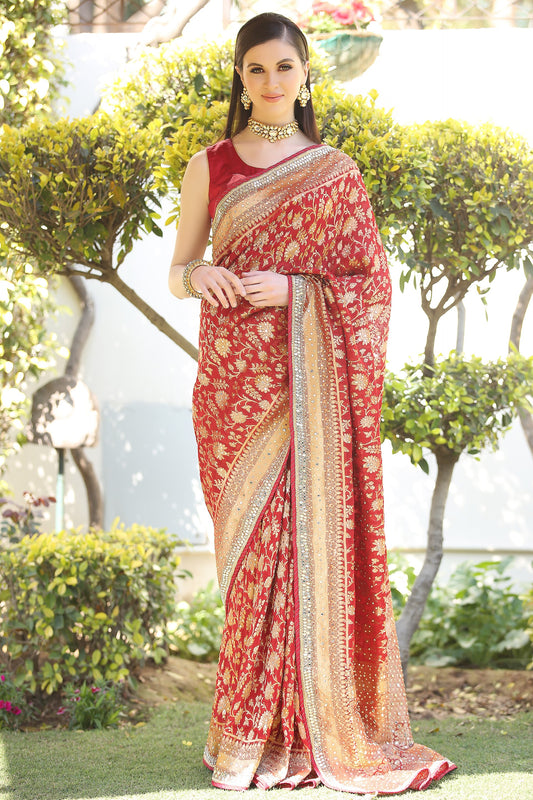 Rani Georgette Traditional Kundan Embroidered Banarasi Saree