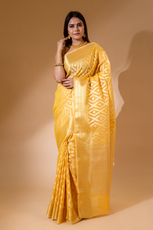 Lemon Gold Cotton Banarasi Woven Saree With Unstitched Blouse