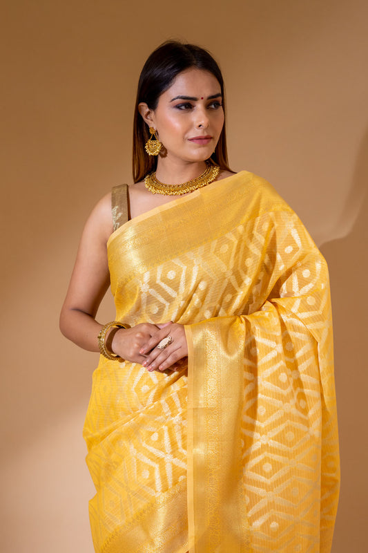 Lemon Gold Cotton Banarasi Woven Saree With Unstitched Blouse