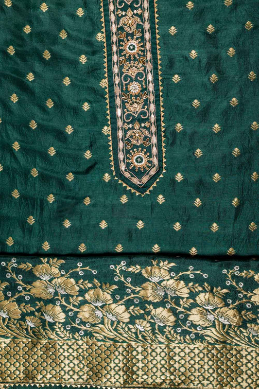 Bottle Green Dolna Embroidered Unstitched Suit With Dupatta