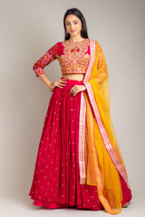 Maroon Chinon Lehenga Set With Net Dupatta