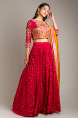 Maroon Chinon Lehenga Set With Net Dupatta