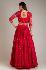 Maroon Chinon Lehenga Set With Net Dupatta