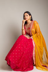 Maroon Chinon Lehenga Set With Net Dupatta