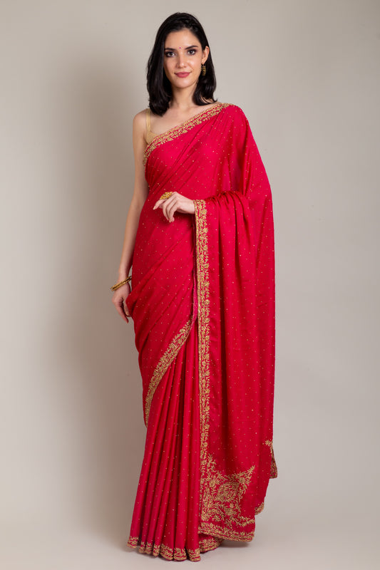 Rani Satin Embroidered Saree With Unstitched Blouse