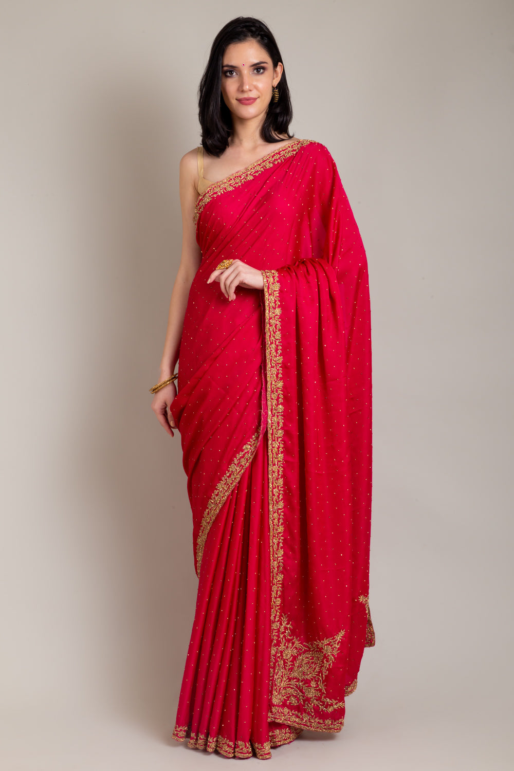 Rani Satin Embroidered Saree With Unstitched Blouse