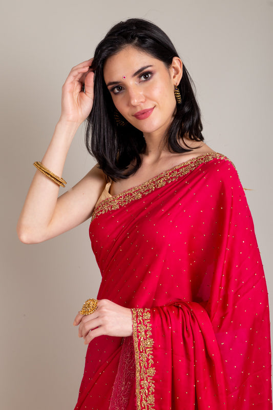 Rani Satin Embroidered Saree With Unstitched Blouse