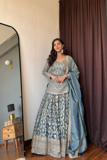 Rama Georgette Lehenga Set And Organza Tissue Dupatta With Readymade Blouse (Ft:-Review Addict)
