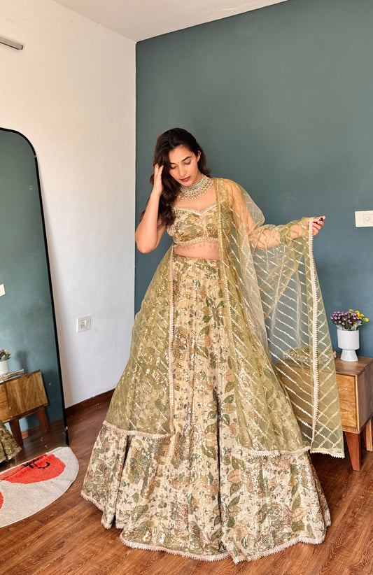 Tussar Pista Organza Lehenga Set And Organza Dupatta With Readymade Blouse ( Ft- Review Addict )