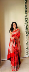 Grace Redefined Red Bandhani Gharchola Zari Border Banarasi Silk Saree With Unstitched Blouse (Ft:-Anjan Prasad)