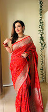 Grace Redefined Red Bandhani Gharchola Zari Border Banarasi Silk Saree With Unstitched Blouse (Ft:-Anjan Prasad)