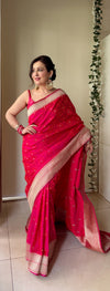 Timeless Elegance Rani Bandhani Gharchola Zari Border Banarasi Silk Saree With Unstitched Blouse (Ft:-Anjan Prasad)